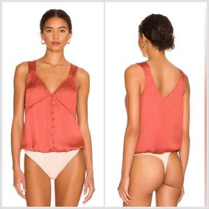 PAIGE Coral Satin V-Neck Button-Front Bodysuit